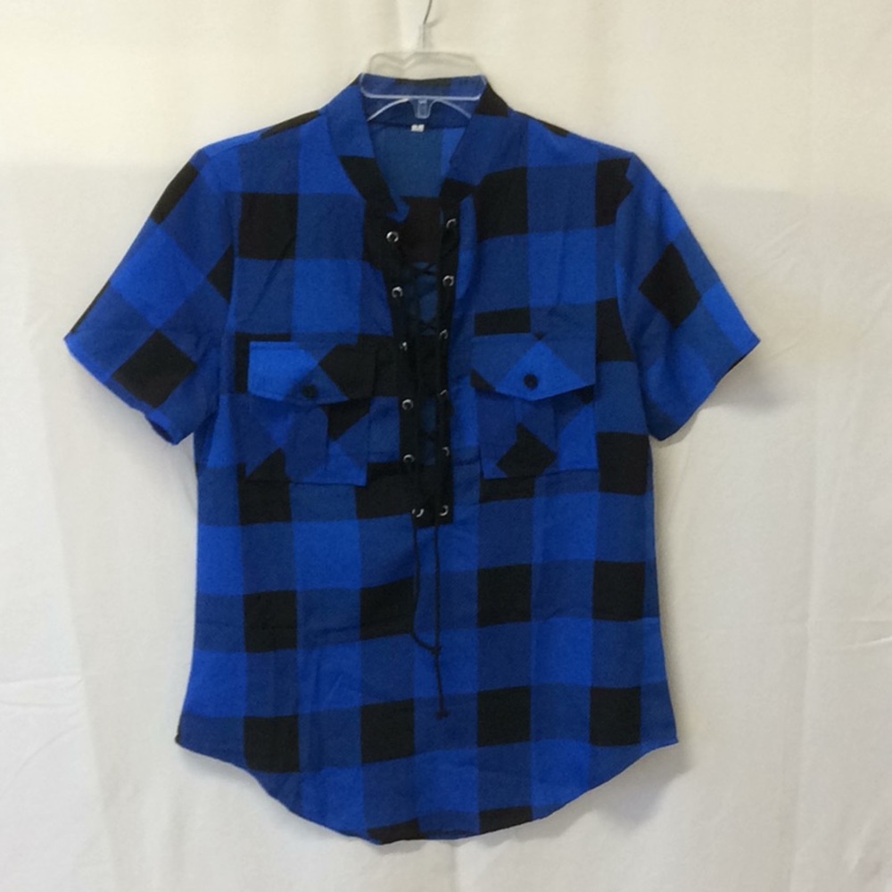 Short sleeve buffalo print lace-front blouse